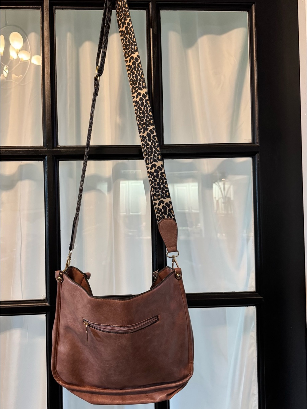 Brown Leather Crossbody Bag with Leopard Strap